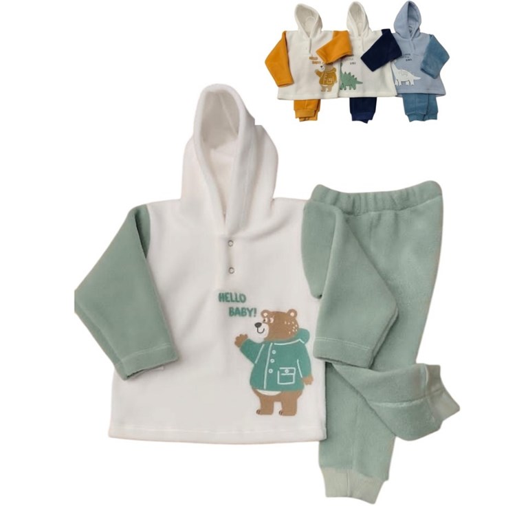 CONJUNTO DE BEBÉ EN POLAR, BUZO CON CAPUCHA, COMBINADO Y BORDADO. DREAMS