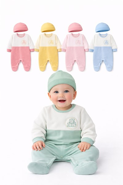 Enterito BB, plush combinado, canesú bordado, sin pié, con gorro, nena y varón. DREAMS