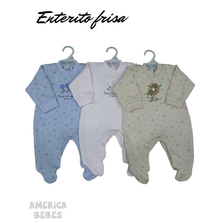 ENTERITO BEBE FRISA ESTAMPADA FLORES, CON PIE , BORDADO CENTRAL DREAMS