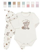 CONJUNTO BODY INTERLOCK CON ESTAMPADO CENTRAL RANITA Y GORRO PARA BEBA O BEBE VARON. DREAMS
