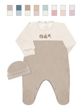 Enterito BB plush, combinado, canesú bordado, c/pie y gorro, nena y varón. Dreams