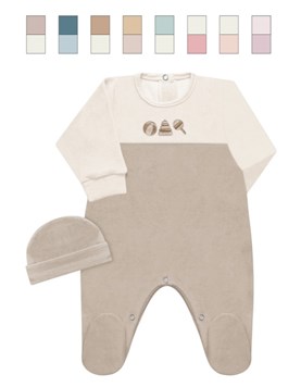 Enterito BB plush, combinado, canesú bordado, c/pie y gorro, nena y varón. Dreams