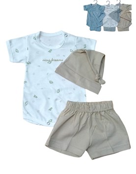 CONJUNTO BEBE VARON : BODY, PANTALON Y GORRO, ESTAMPADO DINOS Y LOGO BORDADO. DREAMS