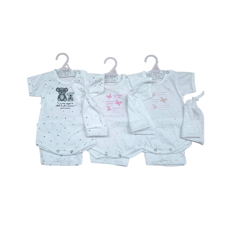 CONJUNTO BEBE UNISEX :BODY, PANTALON Y GORRO, ESTAMPA CENTRAL Y ESTRELLAS. DREAMS