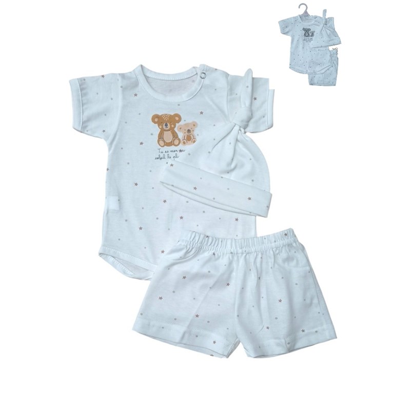 CONJUNTO BEBE UNISEX :BODY, PANTALON Y GORRO, ESTAMPA CENTRAL Y ESTRELLAS. DREAMS