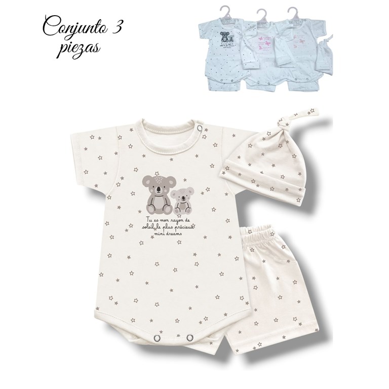 CONJUNTO BEBE UNISEX :BODY, PANTALON Y GORRO, ESTAMPA CENTRAL Y ESTRELLAS. DREAMS