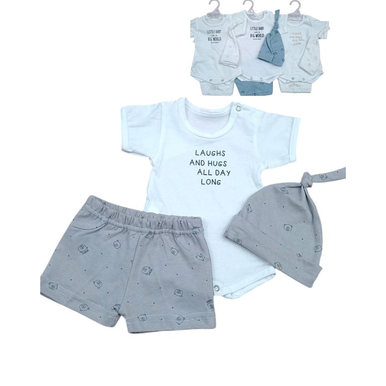 CONJUNTO BEBE VARON :BODY CON ESTAMPA CENTRAL , PANTALON Y GORRO ESTAMPA OSITOS. DREAMS