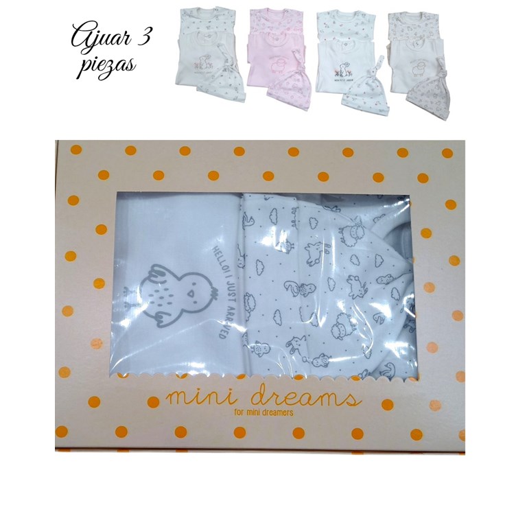 Set de enterito en interlock liso con estampa central combinado con body y gorrito animalitos colores unisex nena y varon dreams