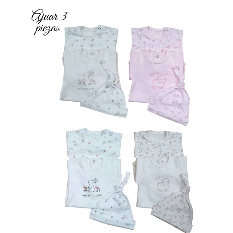Set de enterito en interlock liso con estampa central combinado con body y gorrito animalitos colores unisex nena y varon dreams