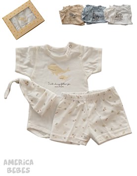 Set de enterito en interlock liso con estampa central combinado con body y gorrito animalitos colores unisex nena y varon dreams