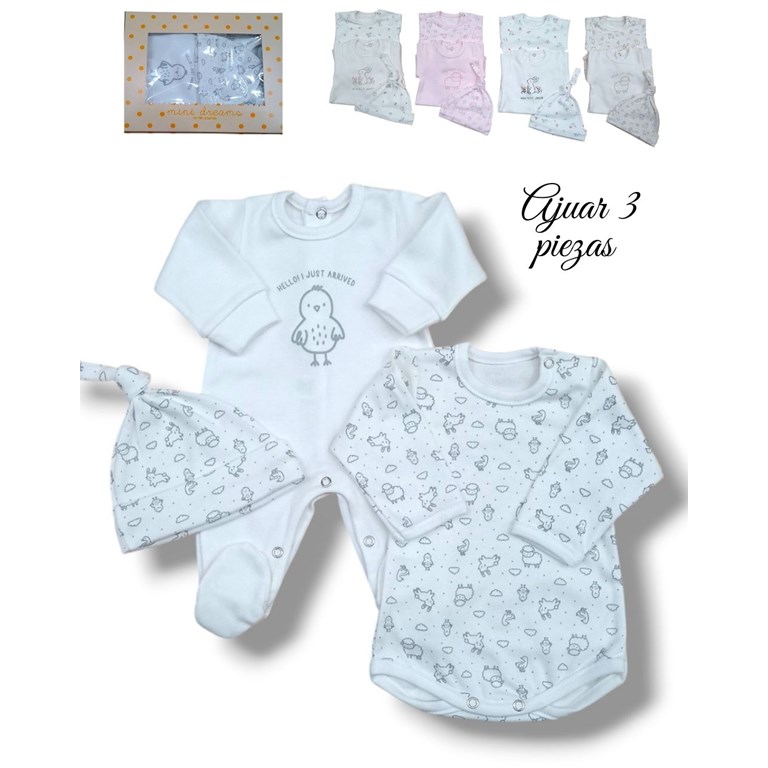 Set de enterito en interlock liso con estampa central combinado con body y gorrito animalitos colores unisex nena y varon dreams