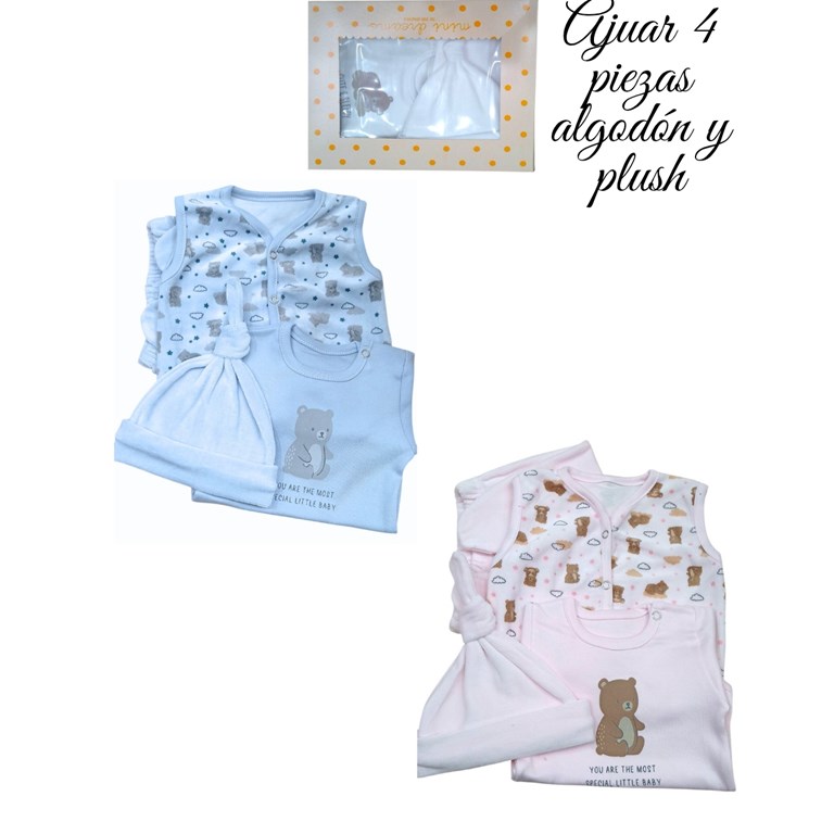 Set de body en interlock liso con estampa central combinado con rana y gorrito plush combinado con chaleco en plush ositos y nubes colores unisex nena y nene dreams