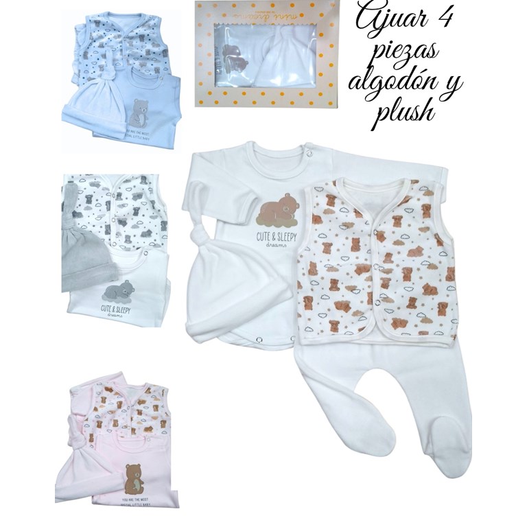 Set de body en interlock liso con estampa central combinado con rana y gorrito plush combinado con chaleco en plush ositos y nubes colores unisex nena y nene dreams