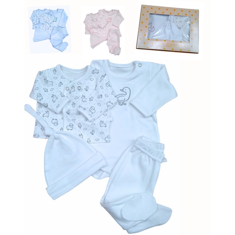 Set de ranita gorro y body en interlock liso con bordado central combinado con batita estampada animalitos colores unisex nena y varon dreams