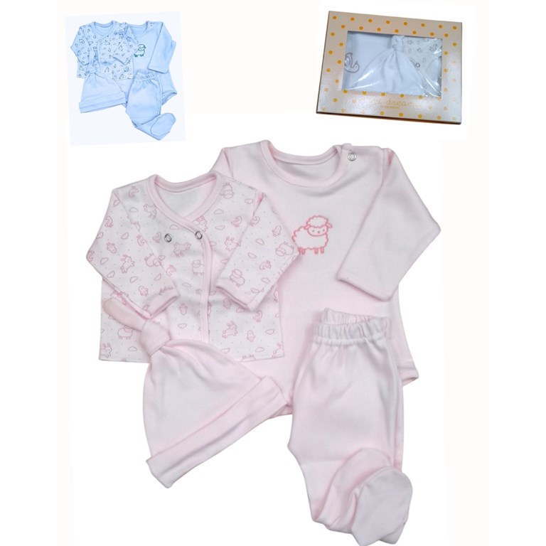 Set de ranita gorro y body en interlock liso con bordado central combinado con batita estampada animalitos colores unisex nena y varon dreams