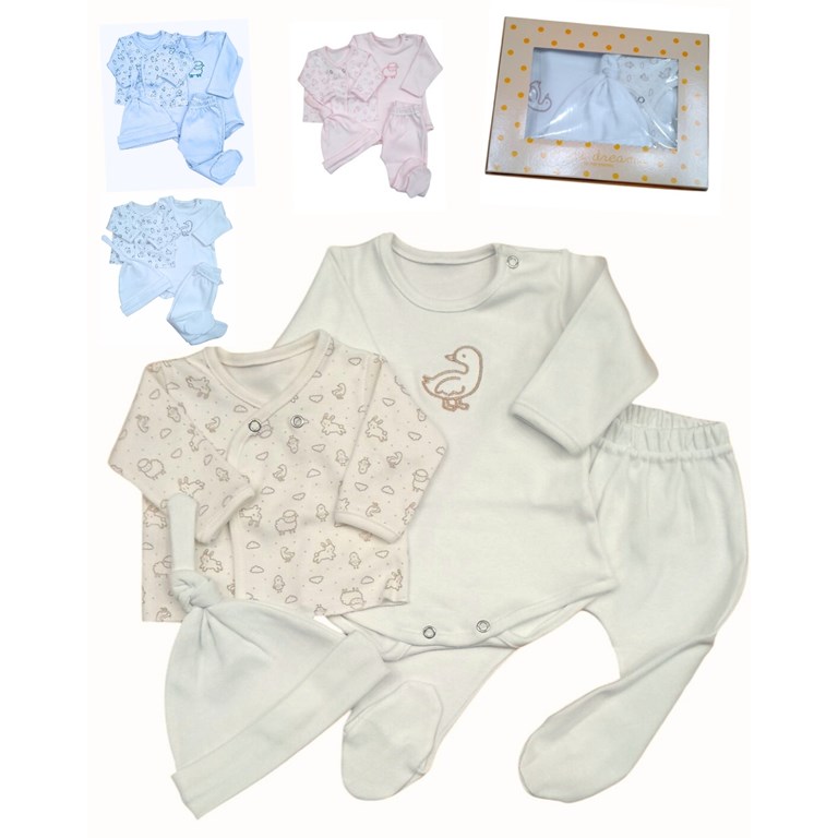 Set de ranita gorro y body en interlock liso con bordado central combinado con batita estampada animalitos colores unisex nena y varon dreams