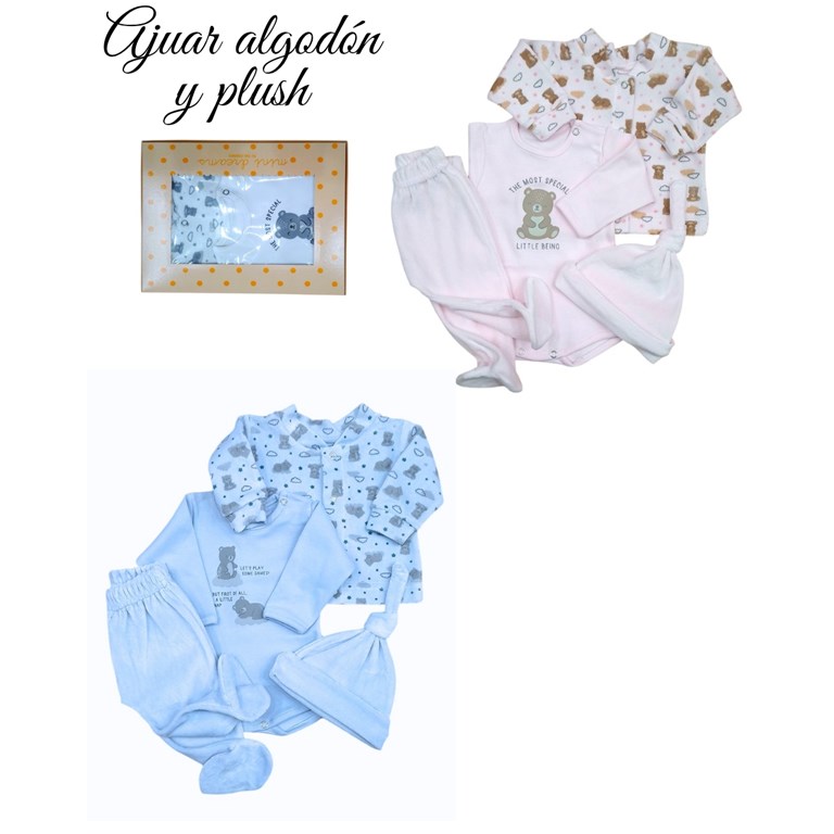 Set de body interlock liso con estampa central combinado con ranita y gorrito en plush combinado com campera cuello mao en plush ositos y nubes colores unisex nena y nene dreams