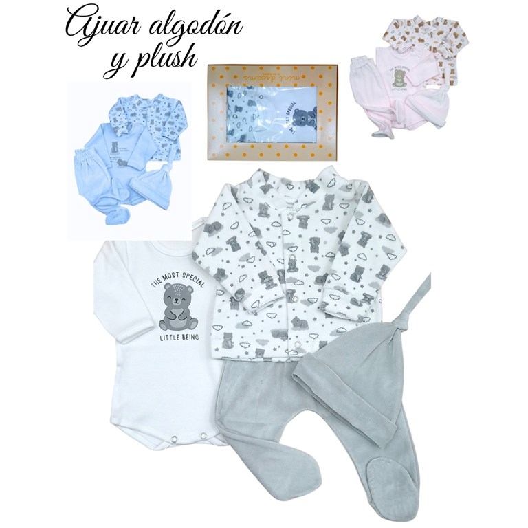 Set de body interlock liso con estampa central combinado con ranita y gorrito en plush combinado com campera cuello mao en plush ositos y nubes colores unisex nena y nene dreams