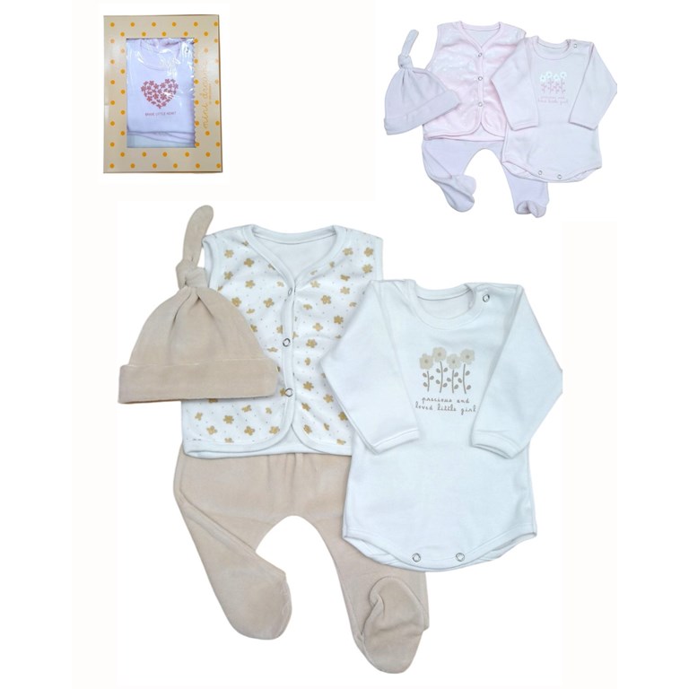 Set 4 piezas body estampado ranita liso plush gorro plush y chaleco floreado dreams