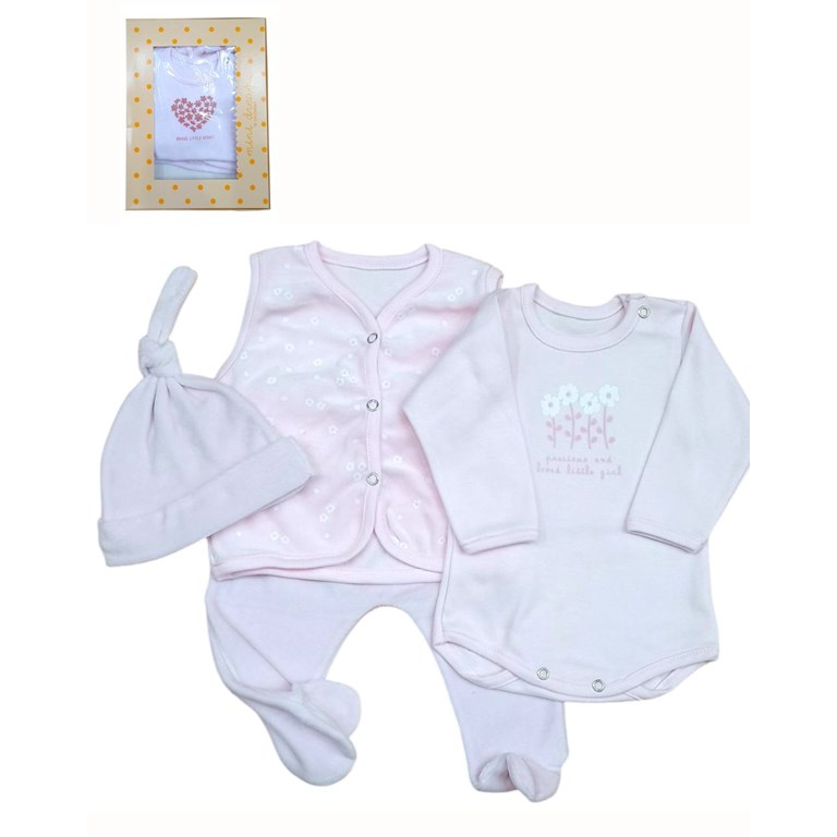 Set 4 piezas body estampado ranita liso plush gorro plush y chaleco floreado dreams