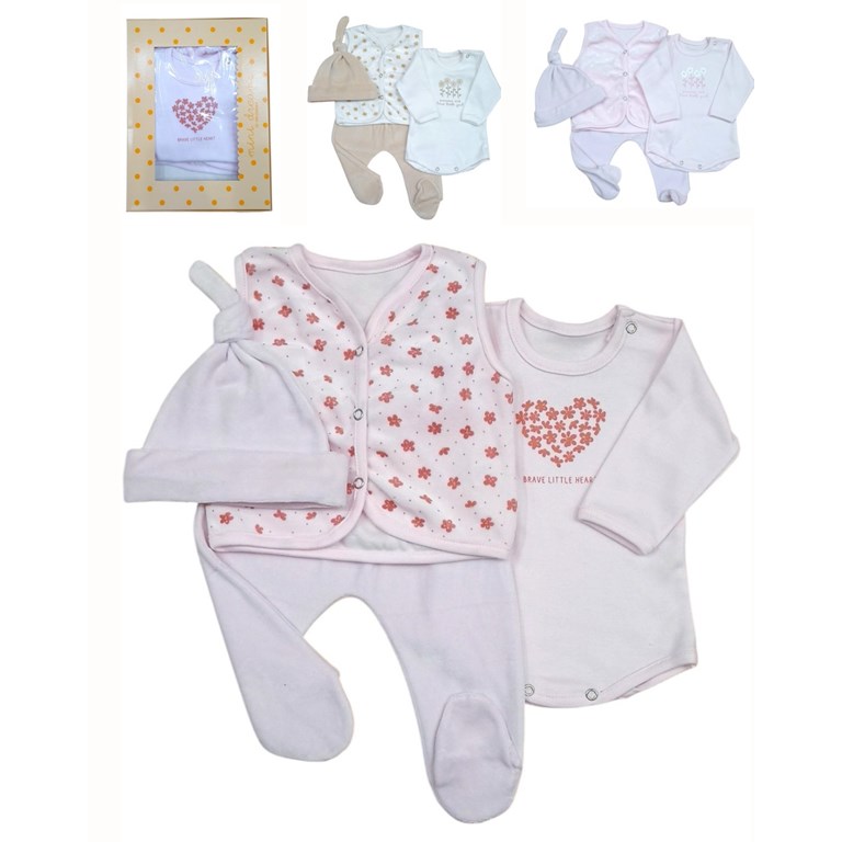 Set 4 piezas body estampado ranita liso plush gorro plush y chaleco floreado dreams