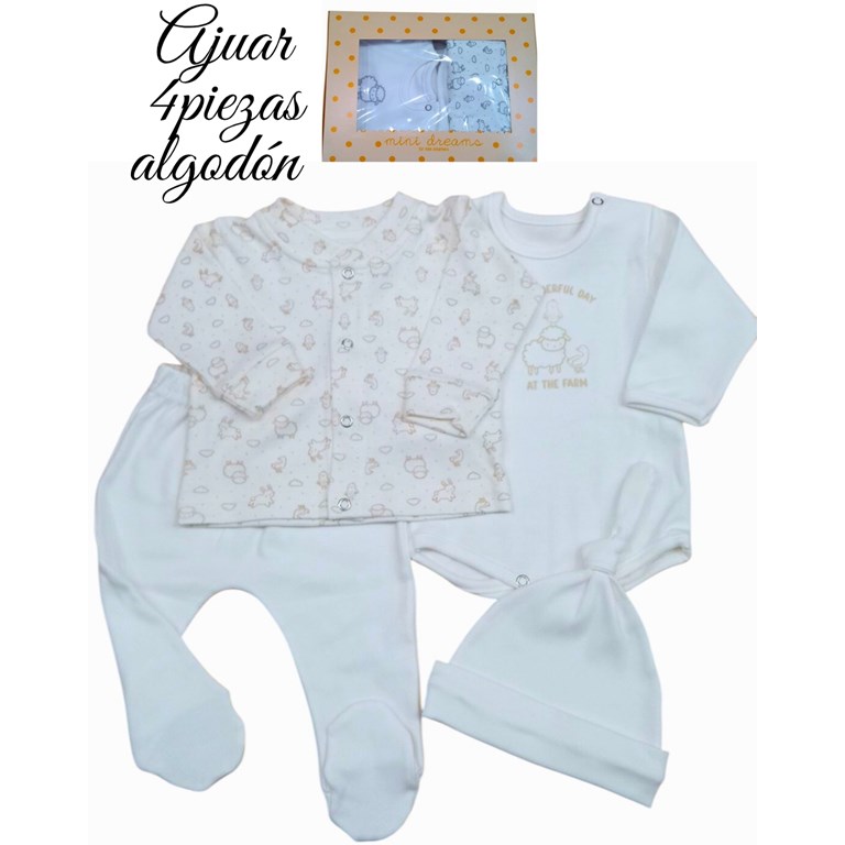 Set de ranita gorro y body en interlock liso con estampa central combinado con camperade cuello mao animalitos colores unisex nena y varon dreams