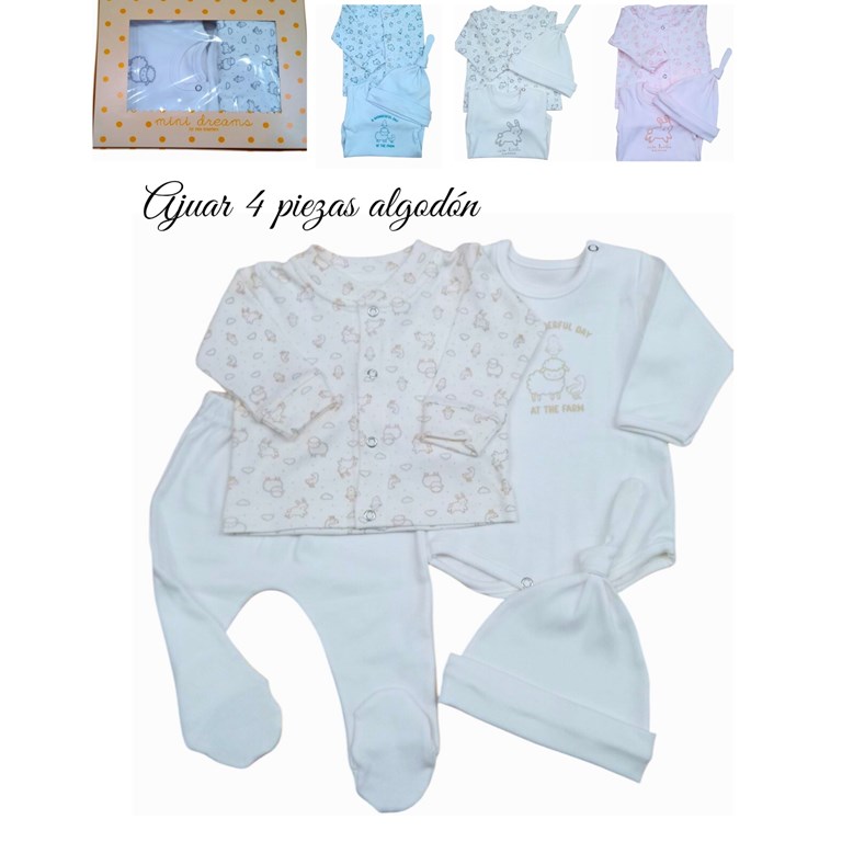 Set de ranita gorro y body en interlock liso con estampa central combinado con camperade cuello mao animalitos colores unisex nena y varon dreams