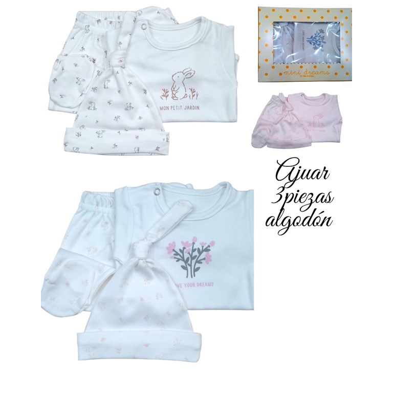Set de body en interlock liso con estampa central combinado con rana y gorrito conejos y florcitas para beba dreams