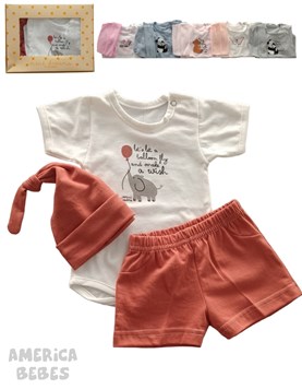 SET AJUAR 3 PIEZAS ALGODON PARA BEBES UNISEX CON BODY MANGA CORTA CON BORDADO CENTRAL GORRO Y SHORT DREAMS