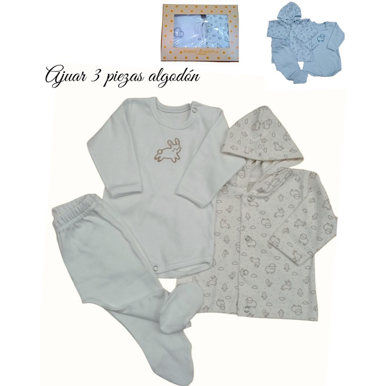 Set de ranita y body en interlock liso con bordado central combinado con campera con capucha disponible en unisex,nena y varon dreams
