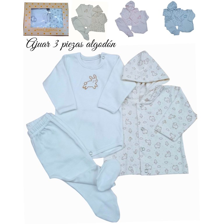 Set de ranita y body en interlock liso con bordado central combinado con campera con capucha disponible en unisex,nena y varon dreams