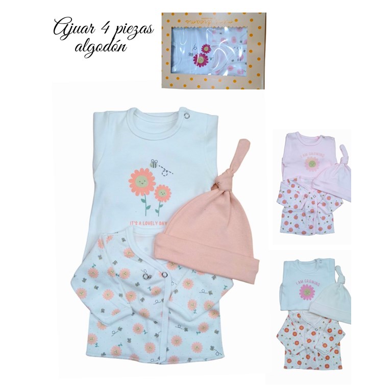 Set de body interlock liso con estampa central combinado con batita en interlock floreado ranita y gorrito en interlock liso colores de nena dreams