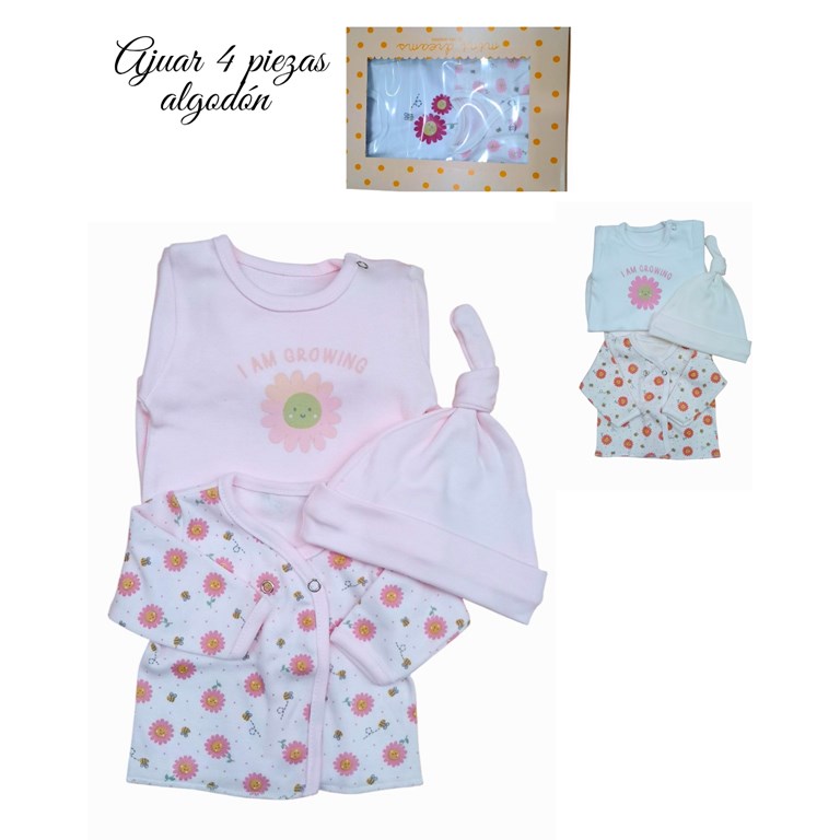 Set de body interlock liso con estampa central combinado con batita en interlock floreado ranita y gorrito en interlock liso colores de nena dreams