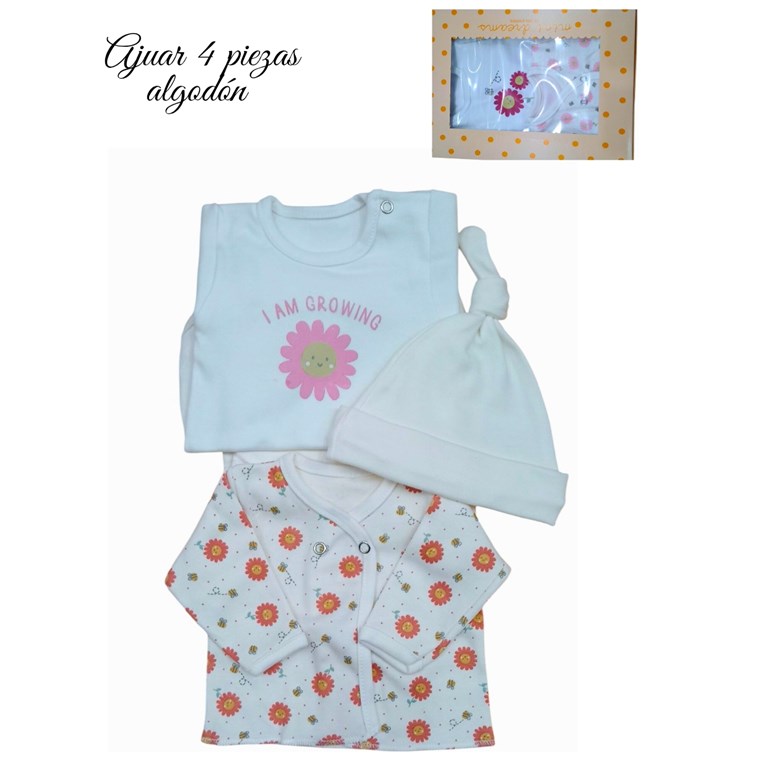 Set de body interlock liso con estampa central combinado con batita en interlock floreado ranita y gorrito en interlock liso colores de nena dreams