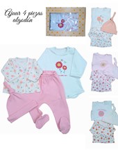 Set de body interlock liso con estampa central combinado con batita en interlock floreado ranita y gorrito en interlock liso colores de nena dreams