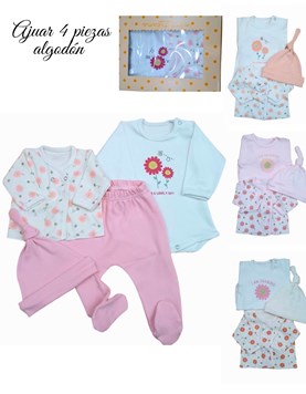 Set de body interlock liso con estampa central combinado con batita en interlock floreado ranita y gorrito en interlock liso colores de nena dreams
