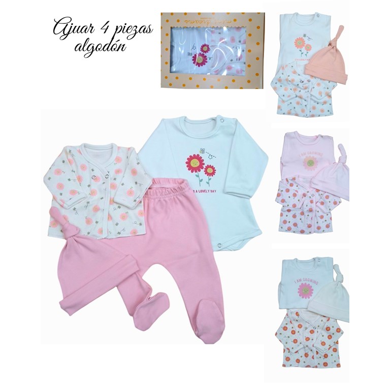 Set de body interlock liso con estampa central combinado con batita en interlock floreado ranita y gorrito en interlock liso colores de nena dreams
