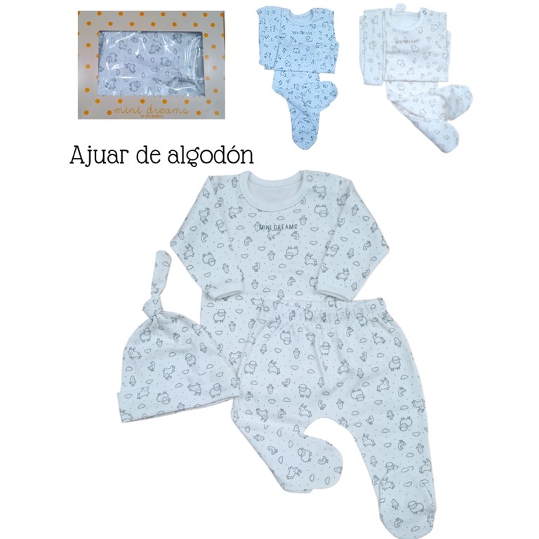 SET AJUAR 3 PIEZAS  BODY RANITA GORRO  ESTAMPADA. DREAMS