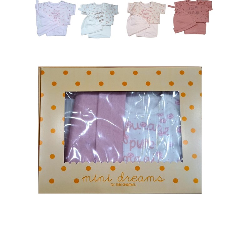 Set de 3 piezas body manga corta jersey estampado flores con pantalon y gorro liso de nena.Dreams
