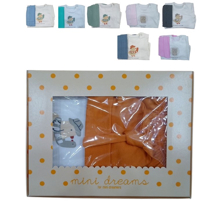 set de 3 piezas body manga corta en jersey estampa flores y pantalon y gorro liso.Dreams