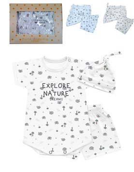 Set de 3 pizas con body manga corta con gorro y pantalon en jersey rayado varon.Dreams