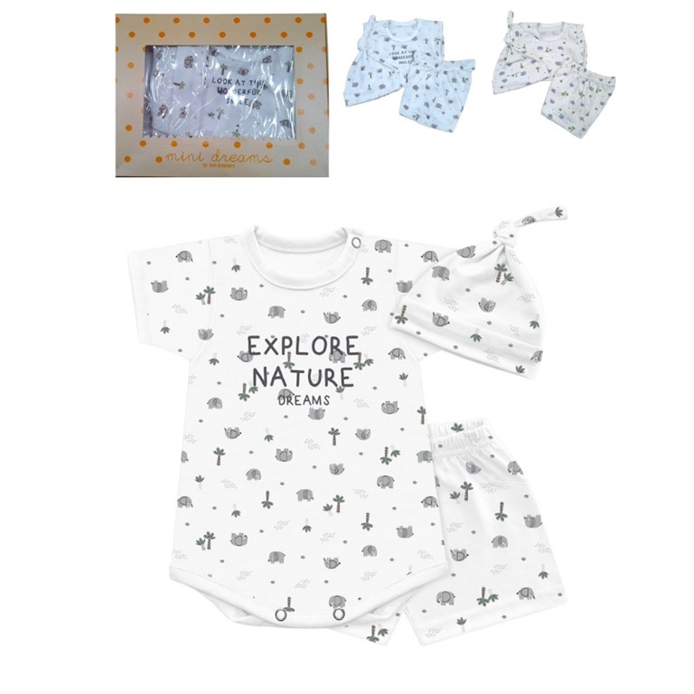 Set de 3 pizas con body manga corta con gorro y pantalon en jersey rayado varon.Dreams