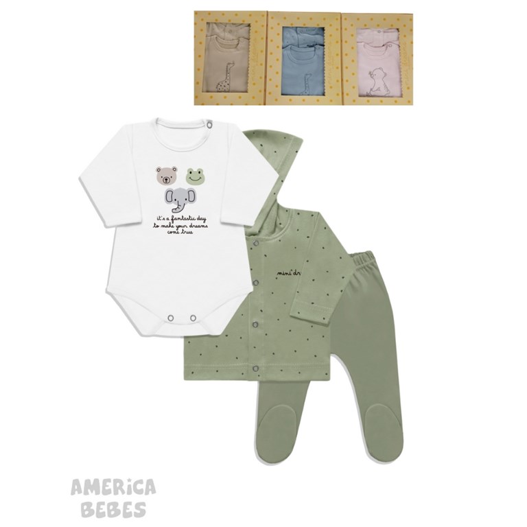 Set 3 piezas body manga corta estampa central con pantalon y gorro jesey.Dreams
