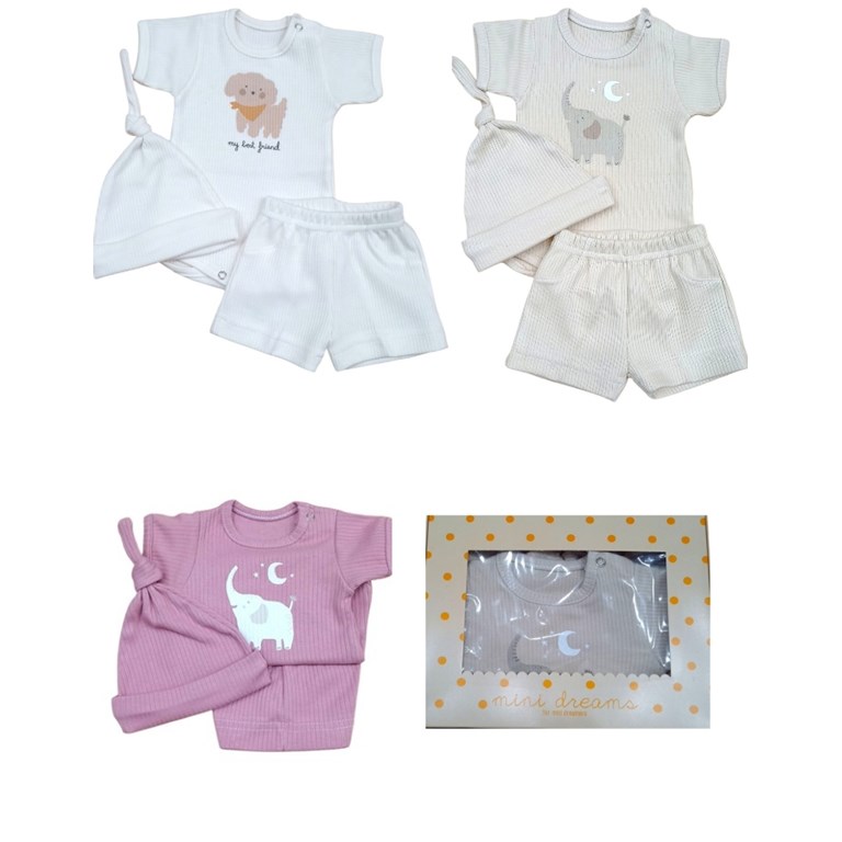 Set 3 piezas,body manga corta con gorro y pantalon interlock desagujado unisex.Dreams
