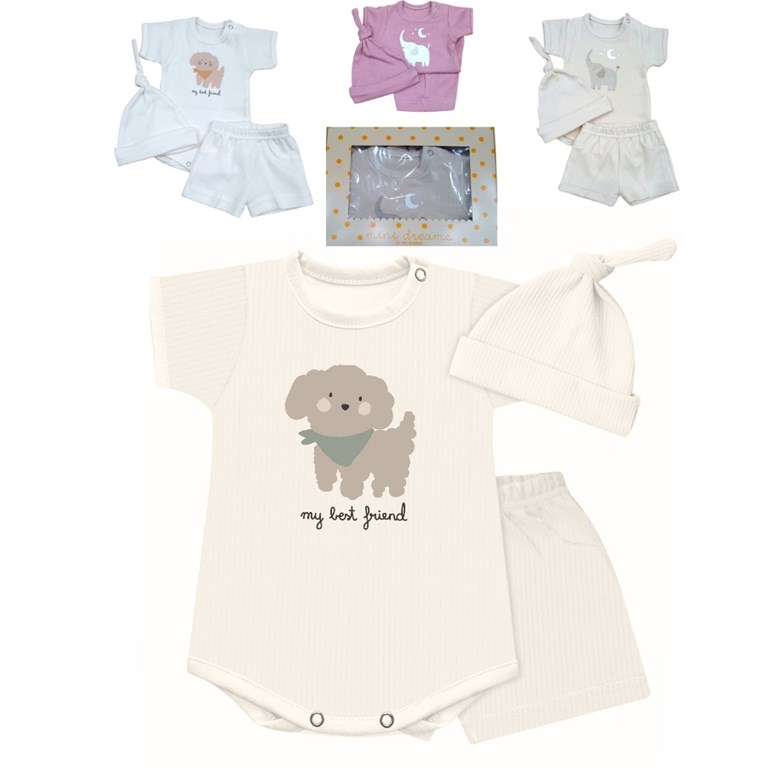 Set 3 piezas,body manga corta con gorro y pantalon interlock desagujado unisex.Dreams