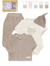 Set 4 piezas, body estampado central, con campera cuello 'mao', ranita y gorro en polar. varon. Dreams
