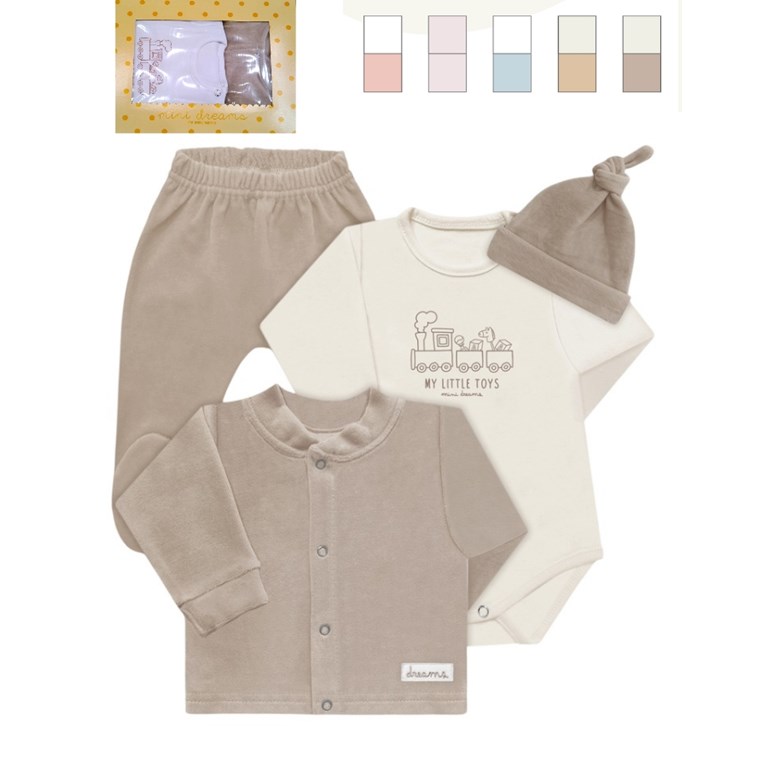 Set 4 piezas, body estampado central, con campera cuello 'mao', ranita y gorro en polar. varon. Dreams