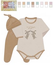 Set 3 piezas en caja, body estampado central con cllareta combinada, con ranita y gorro. nena y varon. Dreams