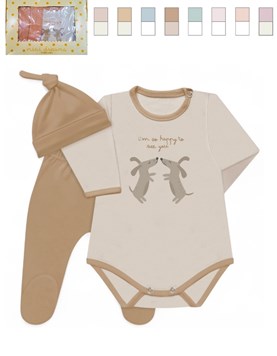 Set 3 piezas en caja, body estampado central con cllareta combinada, con ranita y gorro. nena y varon. Dreams