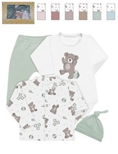 Set 4 piezas en caja, body estampado central, con ranita y gorro combinado, con campera cuello 'mao', interlock ositos. Nena y varón. Dreams